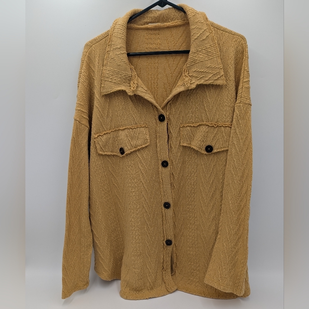 Bucketlist Mustard Yellow Cable Knit Shacket Button Up Raw Cozy Boho Hygee